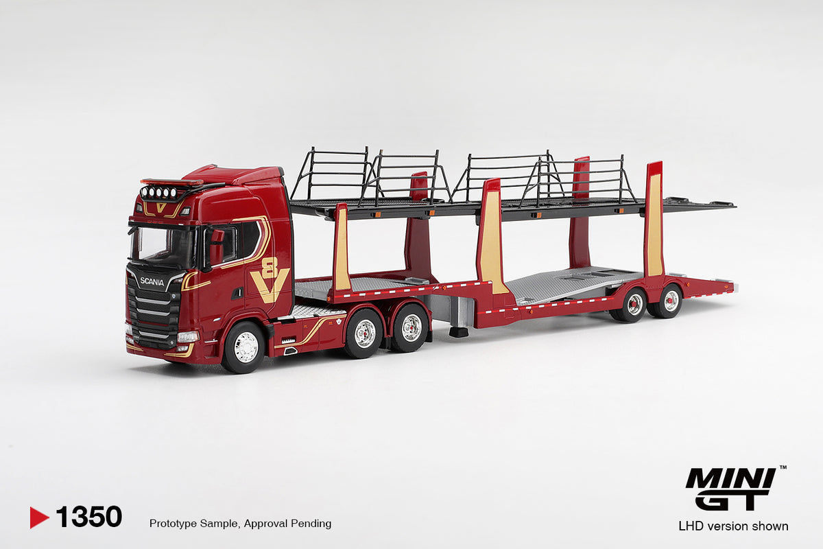 Mini GT Scania 770S A6x4NA Car Transporter V8 50th anniversary + Car transporter Red (RHD)