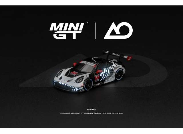 Mini GT Porsche 911 (992) GT3 R #777 AO Racing Skeleton Rexy Petit Le Mans Black/White/Red 2026 (Blister)