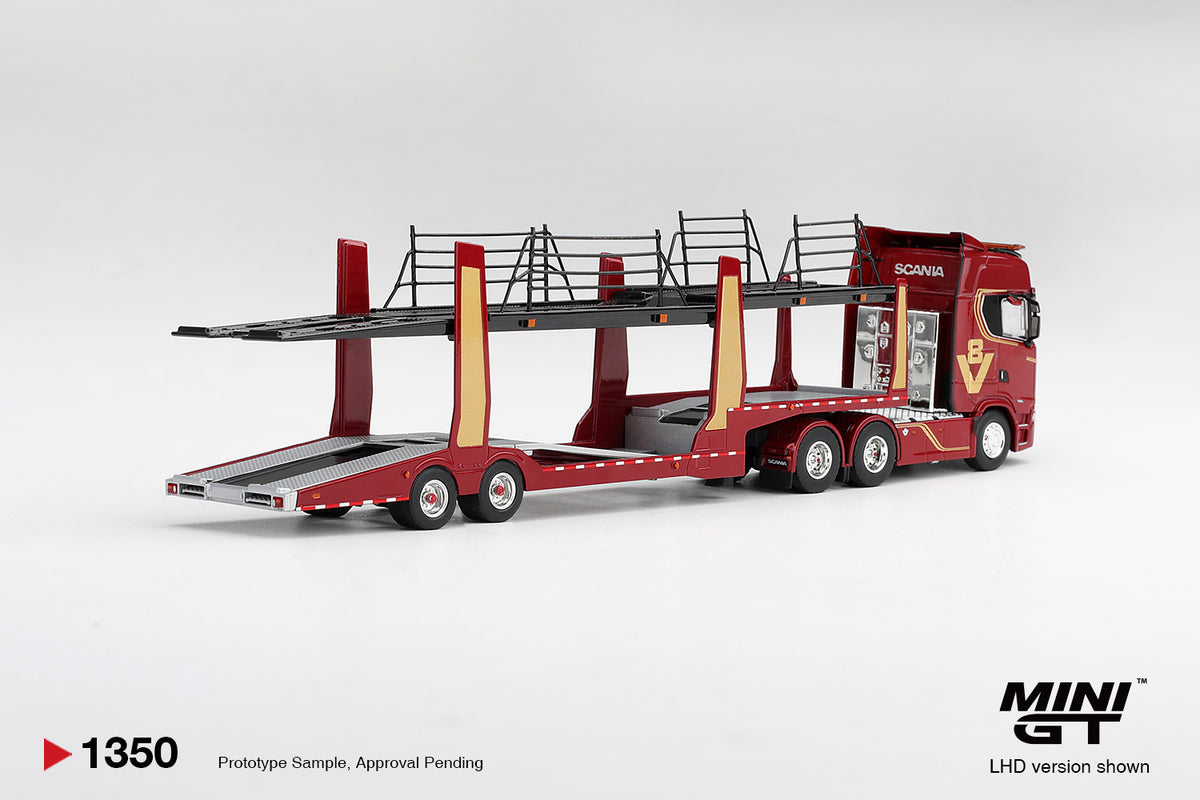 Mini GT Scania 770S A6x4NA Car Transporter V8 50th anniversary + Car transporter Red (RHD) – Ansicht 3