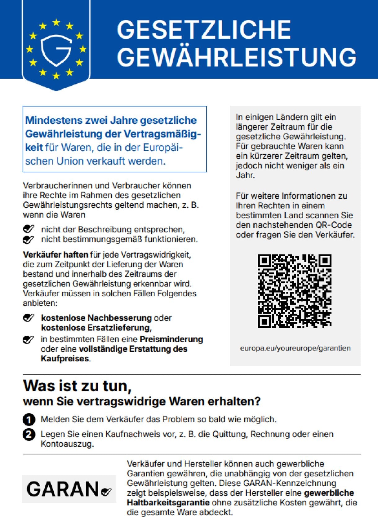 EU-Mitteilung zur gesetzlichen Gewährleistung: mindestens zwei Jahre gesetzliche Gewährleistung für Waren, die in der Europäischen Union verkauft werden